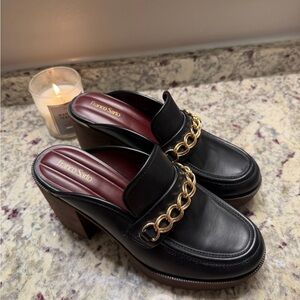 Franco Sarto Black Leather Chunky Heel Loafers Mules Sandals Gold Chain